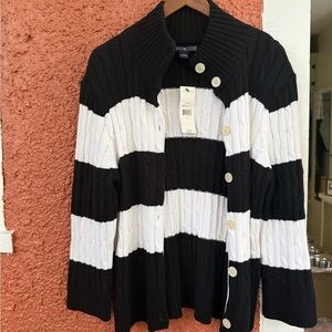 Womens New American Living Cable Knit Cardigan Extra Large Black/White Stripe